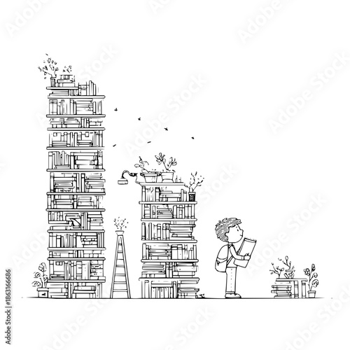 Man Reading Book beside Towering Book Shelves