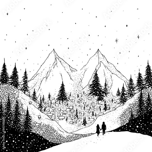 Couple Walking on Snowy Mountain Road under Starry Night Sky
