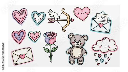 Cute Valentine's Icons: An adorable collection of Valentine's Day themed icons including hearts, cupid arrow and bear for greeting cards and social media.