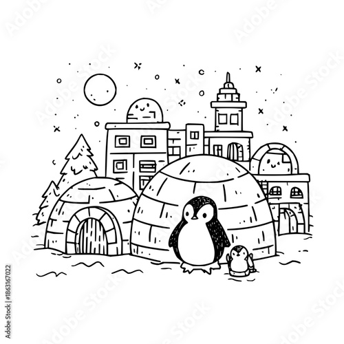 Penguin standing in front of igloo in snowy cityscape at night