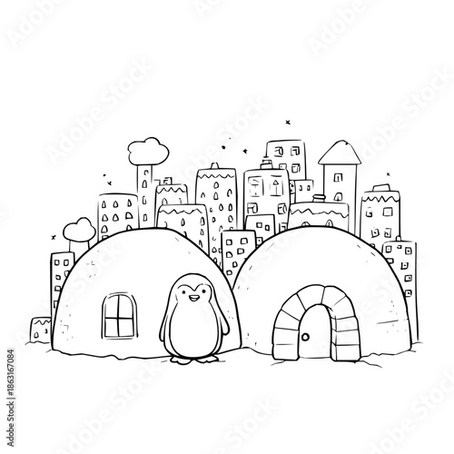 Penguin in Igloo Cityscape