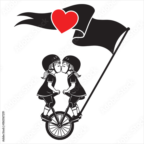 Valentine's Day | love and romance Europe Two girls on unicycle kissing under black flag with red