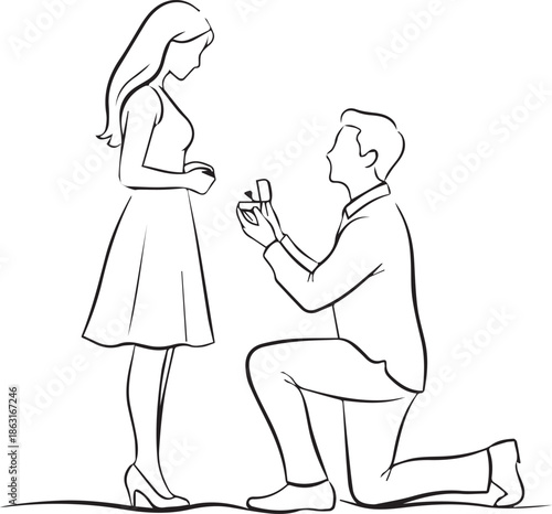Man Proposing to Woman with Engagement Ring Line Art Illustration on Heart