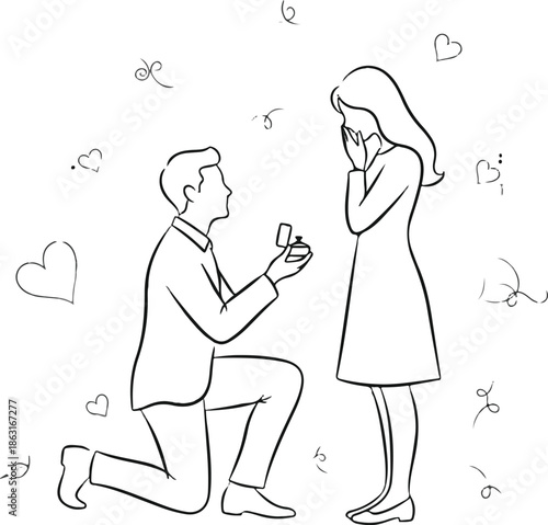 Man Proposing to Woman on One Knee with Engagement Ring Box, Romantic Proposal Line Art Vector Illustration
