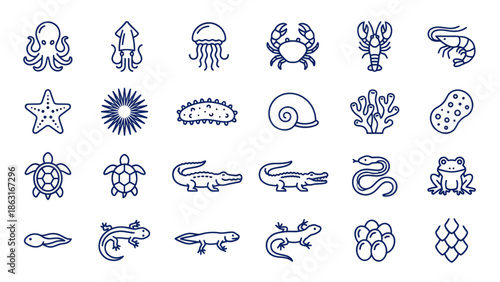Set of various marine and aquatic animal icons in a minimalist blue line art style. EPS Editable