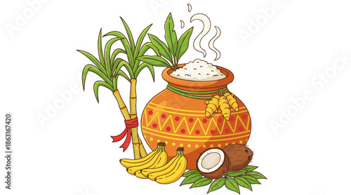 Traditional Pongal festival harvest scene with mud pot sugarcane coconut and bananas