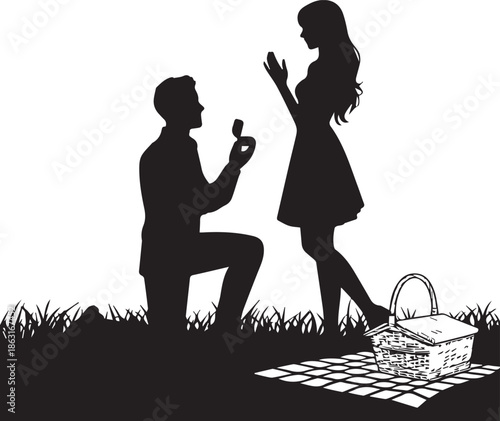 Romantic Silhouette of Man Proposing to Woman on a Picnic Date, Engagement Concept