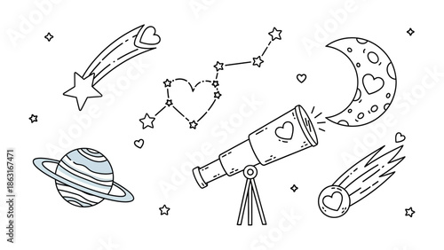 Celestial Wonders: A whimsical illustration of cosmic elements, inviting exploration of the universe, and igniting curiosity about celestial bodies.