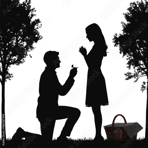 Romantic Silhouette of Man Proposing to Woman on One Knee with Ring in Nature Park Picnic Setting