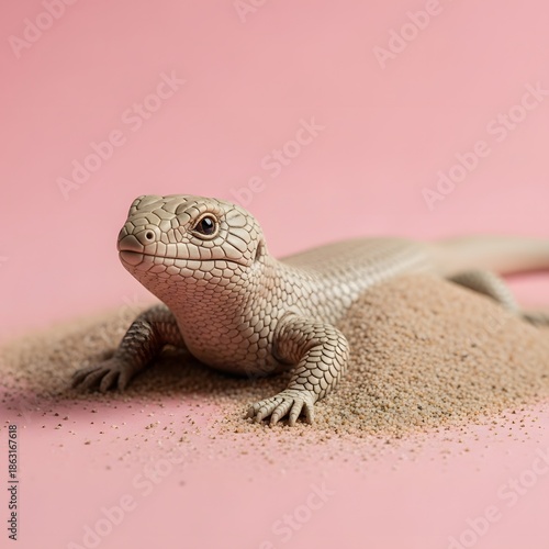Close up of a small lizard on a pink background