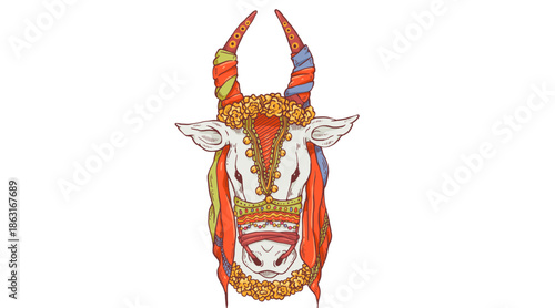Decorated bull head for Mattu Pongal festival celebration in South India