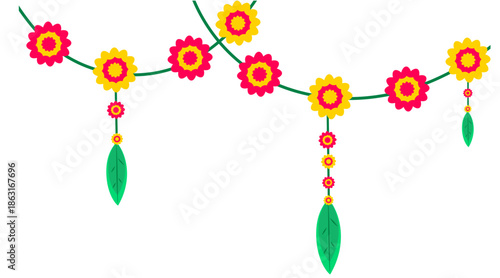 Curved Indian floral garland with pink yellow flowers and green leaves for festive decor