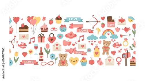 Romantic Elements: A collection of charming illustrations capturing the essence of love, from delicate hearts and Cupid's arrows to sweet treats and blooming flowers.