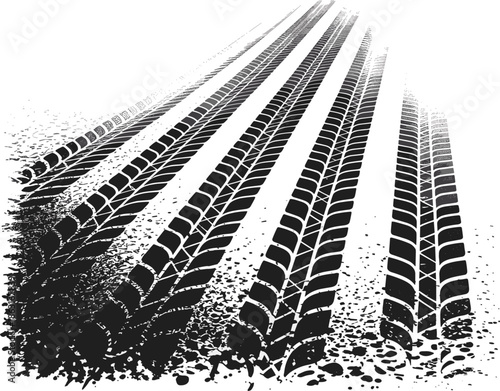 Black tire track marks in straight perspective, detailed rubber tire prints isolated on white background, vector