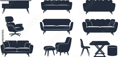 Black silhouette furniture icons set featuring chairs, sofas, tables, and lounge pieces for interior design visuals