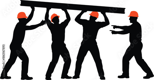 Construction workers lifting beam in teamwork silhouette with safety helmets and coordination in black vector illustration