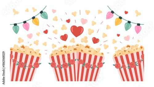 Movie Night Popcorn: This charming illustration evokes the warmth of a romantic movie night, with fresh popcorn, the gentle glow of string lights, and heart-shaped confetti.