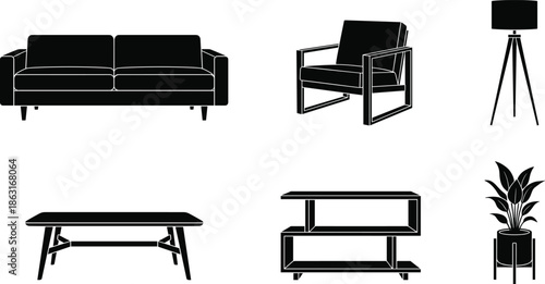 Silhouette Vector of Living Room Furniture Icons Including Sofa, Chair, Lamp, Table, Shelf, and Potted Plant