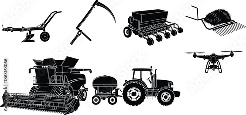 Silhouette Vector of Agricultural Tools and Machinery Including Tractor, Drone, Plow, Harvester, Sickle, and Fertilizer Spreader