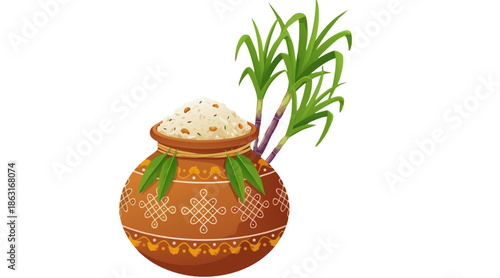 Traditional ornate Pongal mud pot with sugarcane for South Indian harvest festival