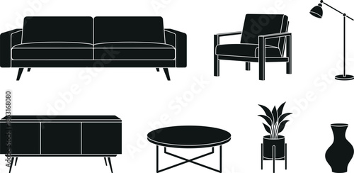 Silhouette Vector of Living Room Furniture Including Sofa, Armchair, Lamp, Cabinet, Table, Plant, and Vase