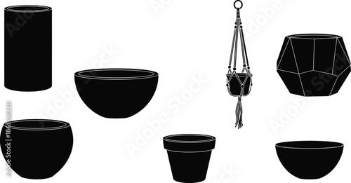 Silhouette Vector of Various Plant Pots and Hanging Planter for Gardening, Home Decor, and Interior Styling Concepts