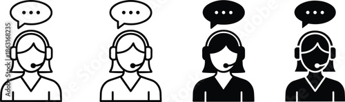 Customer service representative icon set featuring female support agents with headsets and speech bubbles in line art styles.