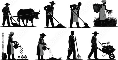 Silhouette Vector of Traditional Farming Activities Including Plowing, Digging, Watering, Harvesting, and Transporting Agricultural Produce