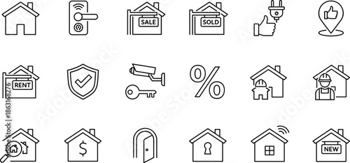 Real estate and property management icon set featuring houses for sale, rent, smart home security, and construction symbols.