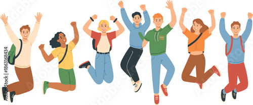Group of happy diverse people jumping together for joy, celebration of success and friendship, vector illustration