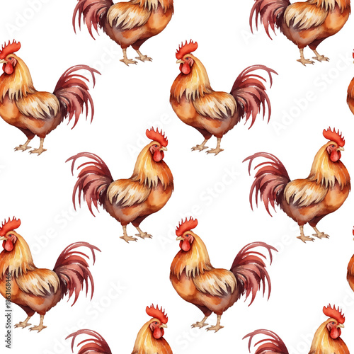Seamless watercolor rooster pattern, hand painted farm animal pattern, for Easter designs, on white background, vector