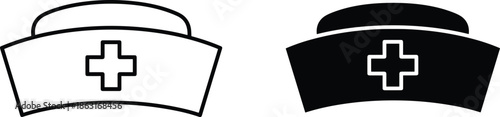 Nurse hat icon set featuring medical cross symbols in black silhouette and outline styles for healthcare and nursing.