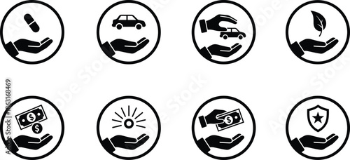 Insurance and protection icon set featuring hands holding a car, pill, money, leaf, and shield symbols.