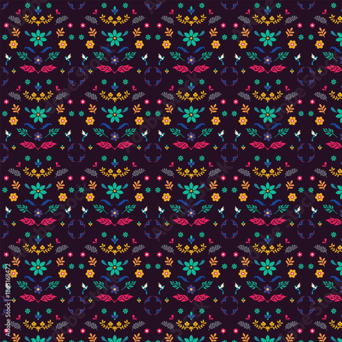 Seamless Folk Motif Pattern with Colorful Decorative Icons on Dark Background
