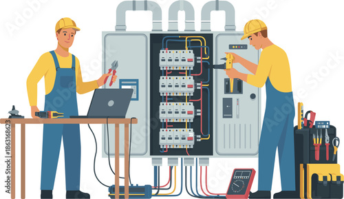 Two electricians in uniform and hard hats repairing industrial electrical panel, professional maintenance and engineering, vector
