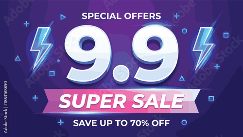 9.9 super sale banner with special offers, lightning icons, discount promotion, ecommerce marketing campaign, modern vector illustration
