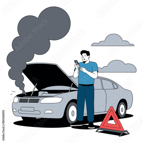 Stressed motorist uses smartphone next to smoking disabled car with hazard sign.