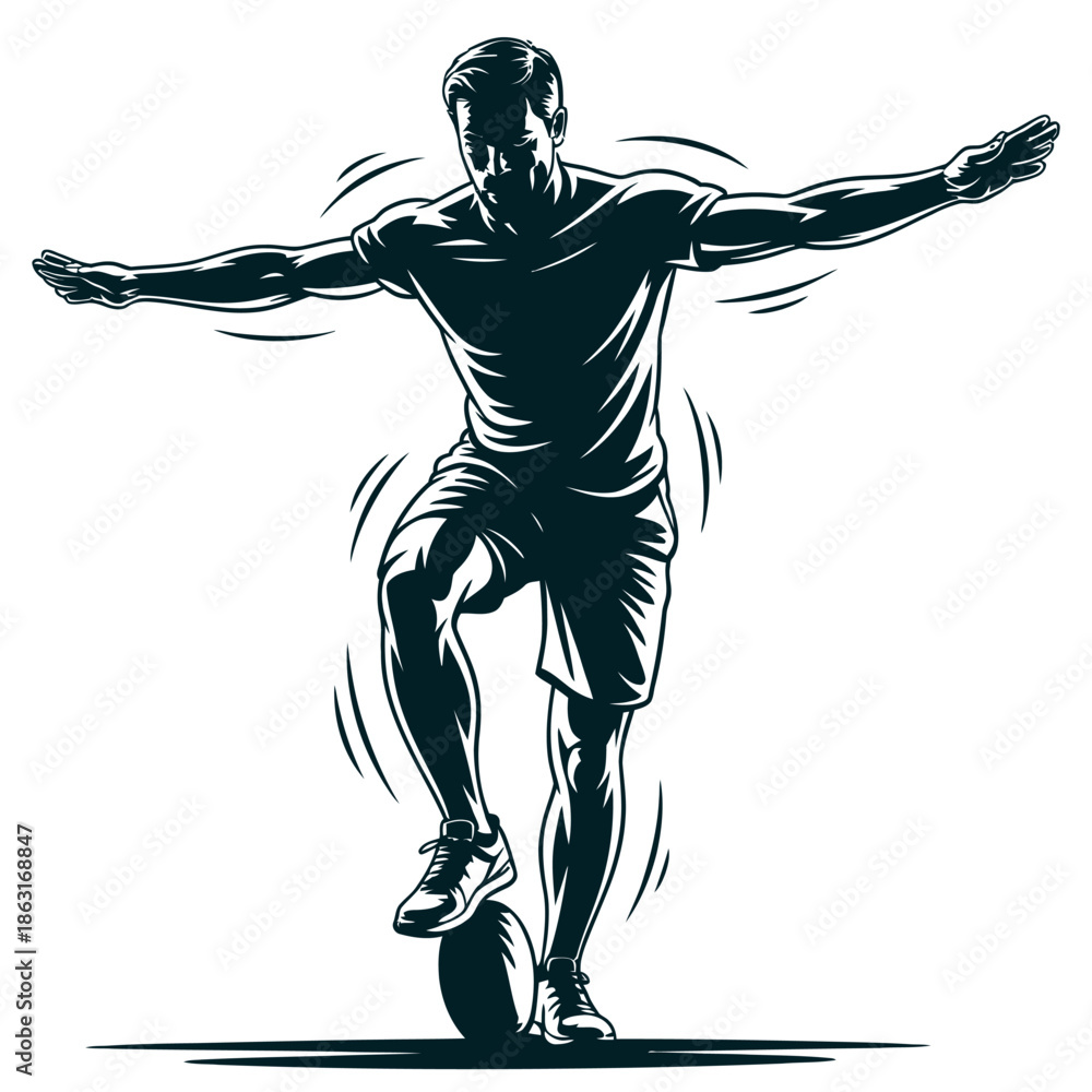 Fototapeta premium Athlete silhouette balances skillfully on a soccer ball with arms extended wide for.