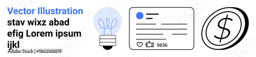 Business innovation, social media engagement, financial concepts, creativity, digital communication, income growth. Light bulb, social media card and dollar symbol graphic. Creativity and business