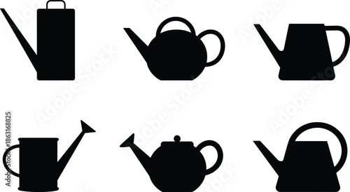 Watering can silhouette icon set featuring various styles for gardening, plant care, irrigation, and horticulture industry symbols.