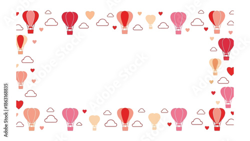 Love in the Air: An artistic border of soaring hot air balloons, gently floating among whimsical clouds and delicate hearts, creating a dreamy frame.
