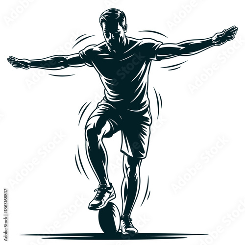 Athlete silhouette balances skillfully on a soccer ball with arms extended wide for.
