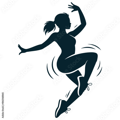 Woman silhouette exercising vigorously mid-air with dynamic movement lines indicated.
