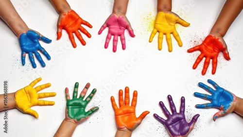 Diverse children's hands painted in bright rainbow colors arranged in circle with scattered powder on white background top view, diversity unity, childhood creativity, inclusive education