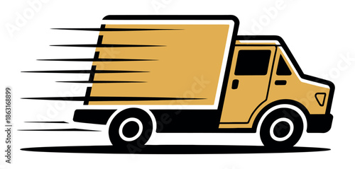 Delivery truck moves quickly across a white background showing speed motion lines.