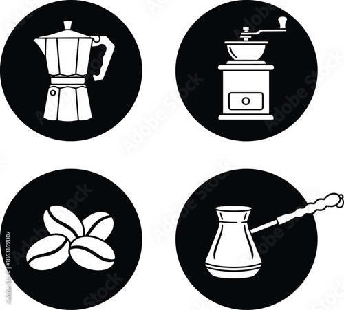 Coffee maker icon set featuring a moka pot, manual grinder, roasted coffee beans, and Turkish cezve silhouettes.
