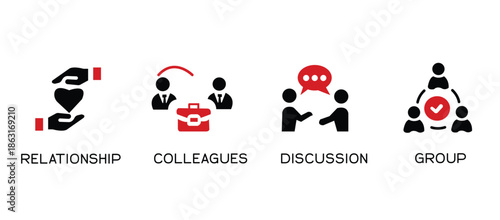 Networking icon set. Containing network, connections, relationship, online networking, community, events and social network icons. Solid icon collection. Vector illustration.