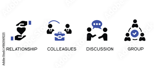 Networking icon set. Containing network, connections, relationship, online networking, community, events and social network icons. Solid icon collection. Vector illustration.