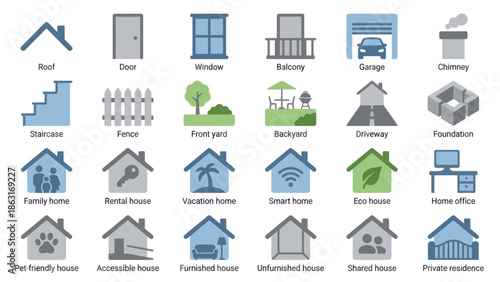 House parts and home types icons set real estate vector illustration. EPS Editable