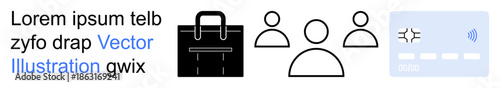 Team collaboration, payment systems, business identity, financial security, card transactions, corporate management. A briefcase, user icons and a payment card. Team collaboration and payment
